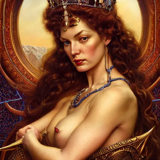 Prompt: highly detailed portrait of a majestic lioness queen in the form of a beautiful woman. d & d. art by donato giancola, gil elvgren, evelyn de morgan, bastien lecouffe - deharme. trending on artstation, intricate details, energetic composition, golden ratio, concept art, illustration, elegant art, global illuminaition