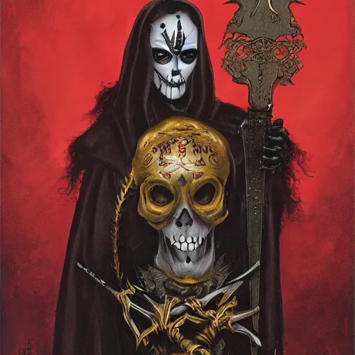 Image similar to ginger woman with skull facepaint and gold eyes, gothic, alphonse much and gerald brom, short red hair, black cloak, claymore sword