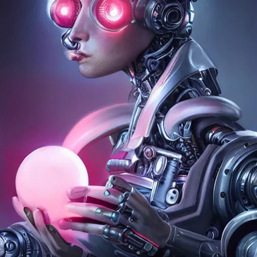 Image similar to a realistic detailed beautiful portrait of a cybernetic woman eating a big glowing orb, mouth open, cyberpunk concept art, digital art, highly detailed, intricate, sci-fi, sharp focus, Trending on Artstation HQ, deviantart, unreal engine 5, 4K UHD image, hyperrealistic, photorealistic, art by artgerm and greg rutkowski and alphonse mucha