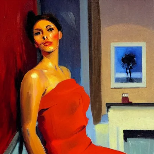 Image similar to an oil on canvas painting of a beautiful feminine woman from the 90's, red dress, leaning against the wall, 90's living room, figurative art, old computers, CRT screens, fine art, studio portrait, detailed, deviantart, cgsociety, chiaroscuro, acrylic art, by Elmer Bischoff, by Michael Garmash, by Edward Hopper