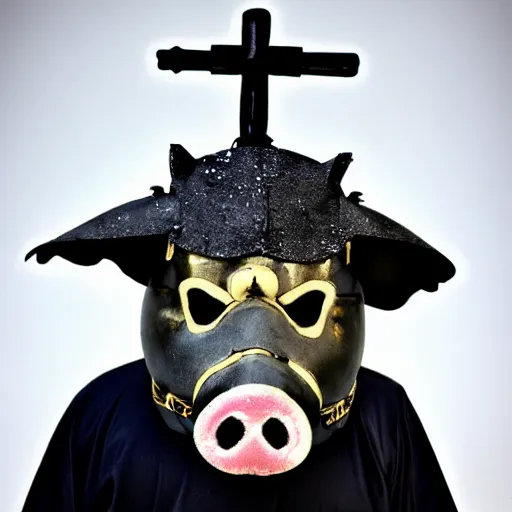 Prompt: samurai mask that looks like a pig wearing crown, winter, snow, depressed, dark