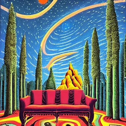 Prompt: psychedelic trippy mountain pine forest, planets, milky way, sofa, cartoon by rob gonsalves