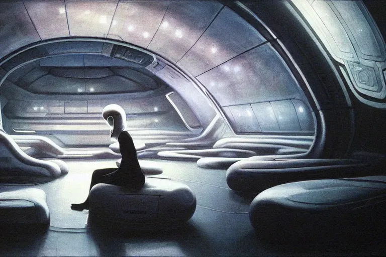 Prompt: hyperrealism oil painting, complete darkness, lonely woman sitting in alien movie high detailed spaceship interior, soft light, in style of classicism mixed with 8 0 s japanese sci - fi books art