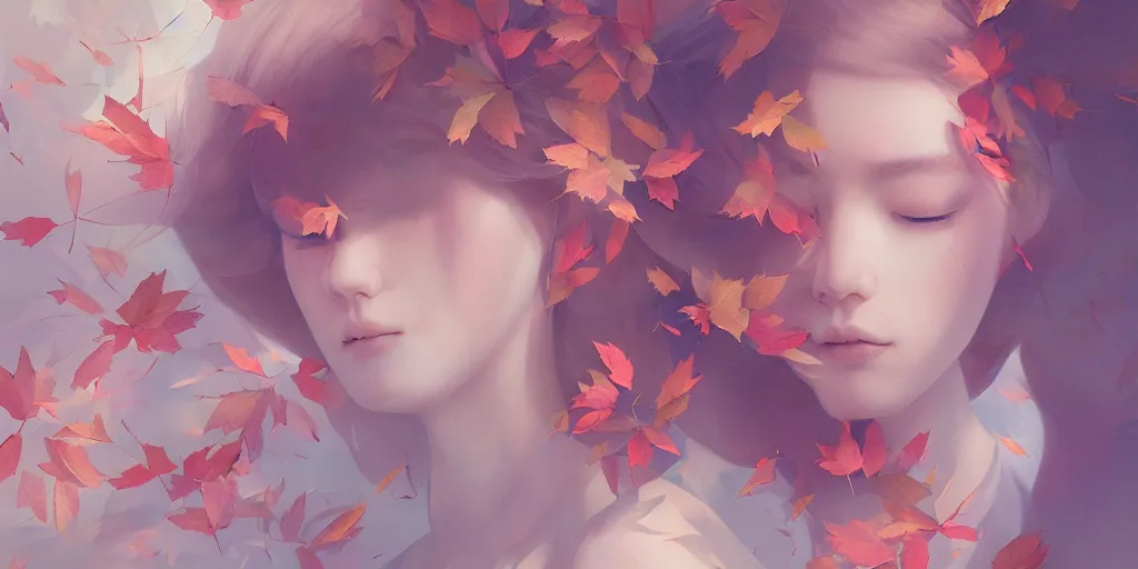 Image similar to highly detailed pastel colors of an ethereal ginger beauty morphing gradually into autumn leaves, by artgerm and hsiao - ron cheng, smooth composition, fine patterns and detail