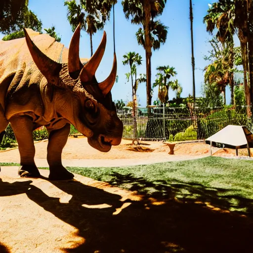 Image similar to photograph of a polaroid of a triceratops exhibit at san diego zoo, tourists in background, bokeh, high definition, slr, golden hour, realistic skin