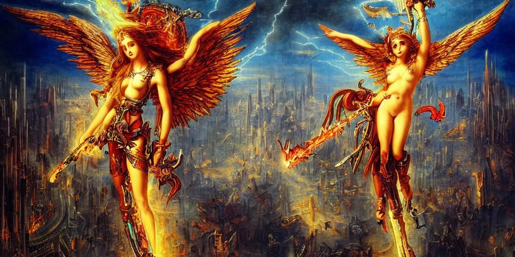 Prompt: Beautiful angel with flaming chainsaw descending on a futuristic city in style of Gustave Moreau. Symbolism, Detailed Art, 8K, Epic, Dynamic Lightning.