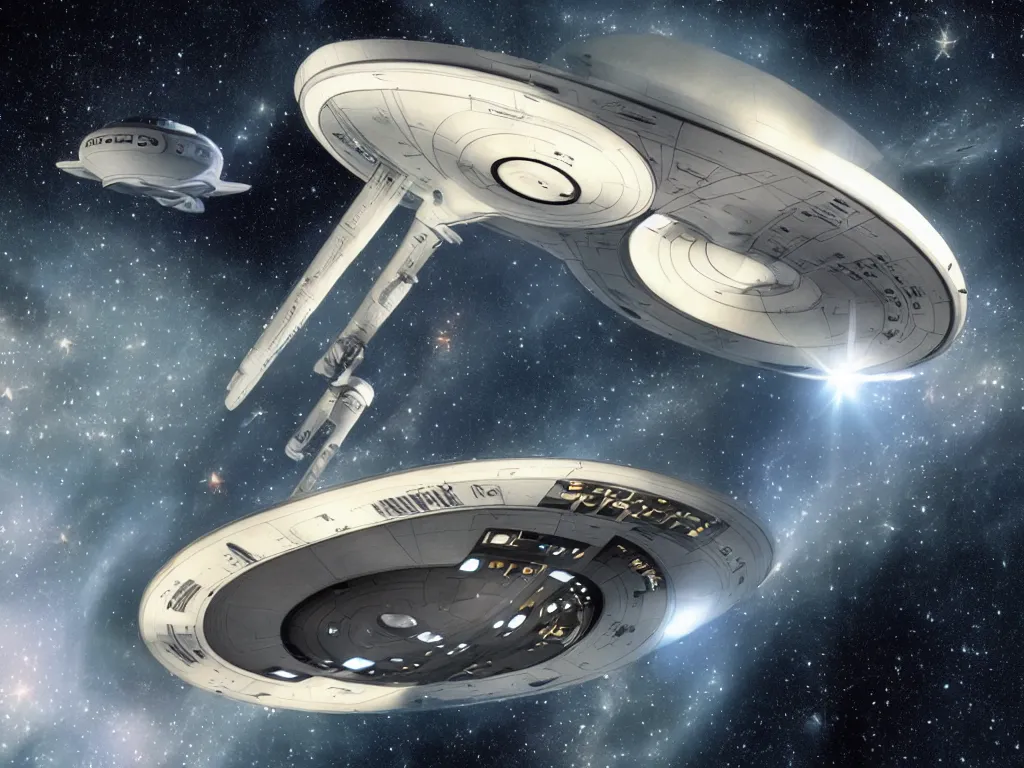 Prompt: Star Trek`s original Enterprise spaceship flying in a starry outer space