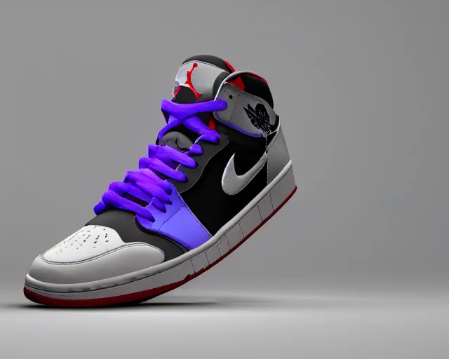 Prompt: 3D render of mid height air jordan sneakers designed by the joker, cinematic, studio lighting, award winning, highly detailed, 4k, hd, sharp