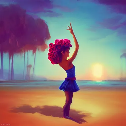 Image similar to portrait, giant rose flower head, girl dancing at the beach, surreal photography, sunrise, blue sky, dramatic light, impressionist painting, digital painting, artstation, simon stalenhag