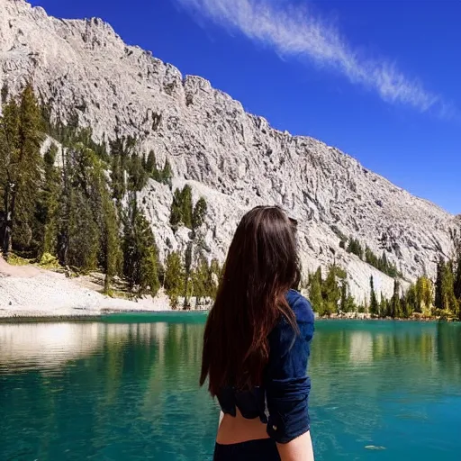 Prompt: pretty woman standing in front of a beautiful lake in a valley in the sierra nevada mountains,