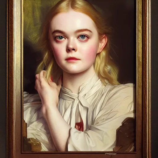 Prompt: Elle Fanning looking into the fire, artstation, by J. C. Leyendecker and Peter Paul Rubens, Extremely detailed. 4K. Award winning.