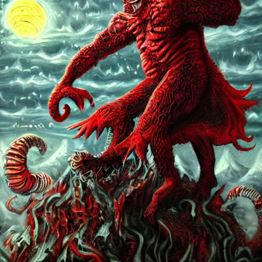 Prompt: terrifying monster Santa full dramatic shot, Lovecraft, oil painting, epic, ultra detailed, intricate