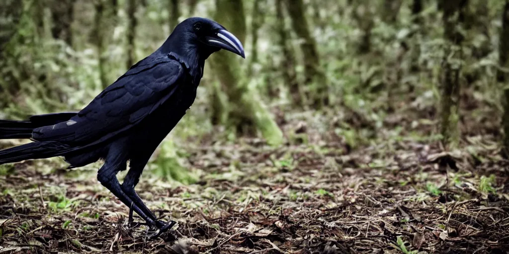 Image similar to mixture between a human and! crow, photograph captured in a forest