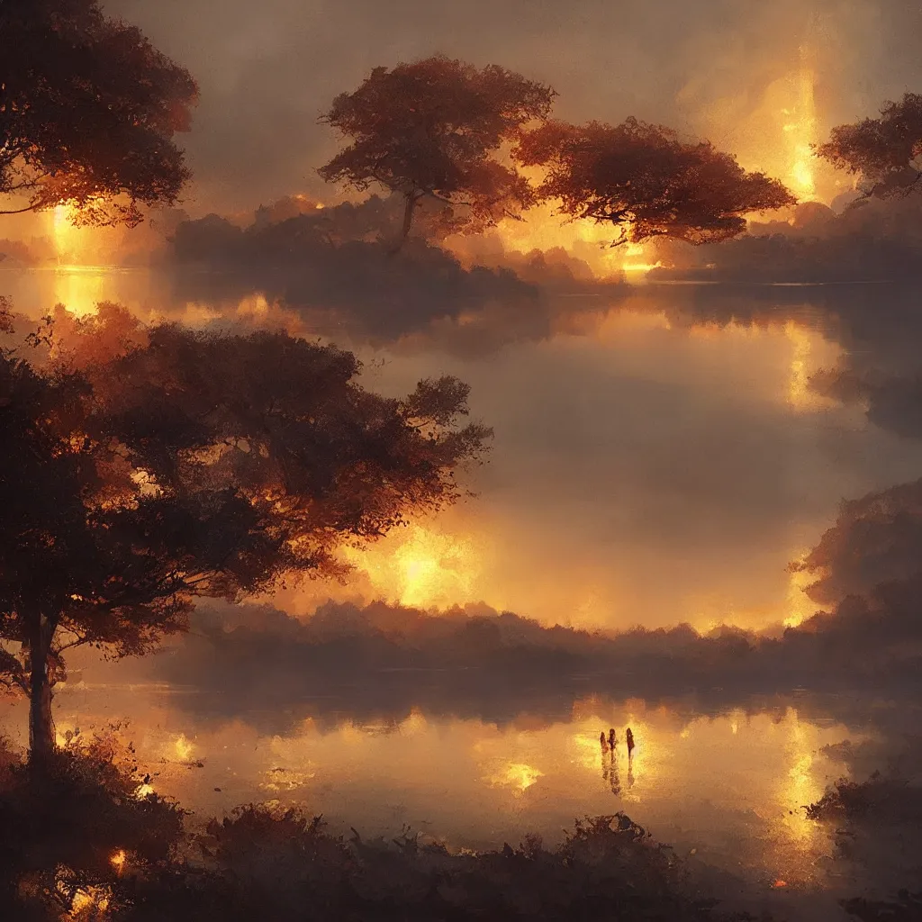 Image similar to lake filed with molten gold, volume lighting, concept art, by greg rutkowski