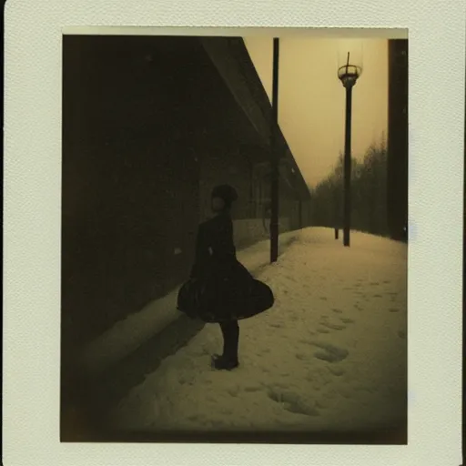 Image similar to polaroid of a young japanese woman on a snowy night, street lights