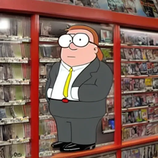 Prompt: realistic peter griffin standing in a video store in 2 0 0 2.