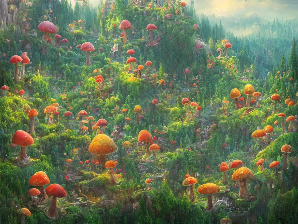 Prompt: A beautiful painting of a pine forest with a toadstool village, houses in the shape of mushrooms, whimsical cabins, Digital Art by James Christensen and Beeple, Trending on artstation