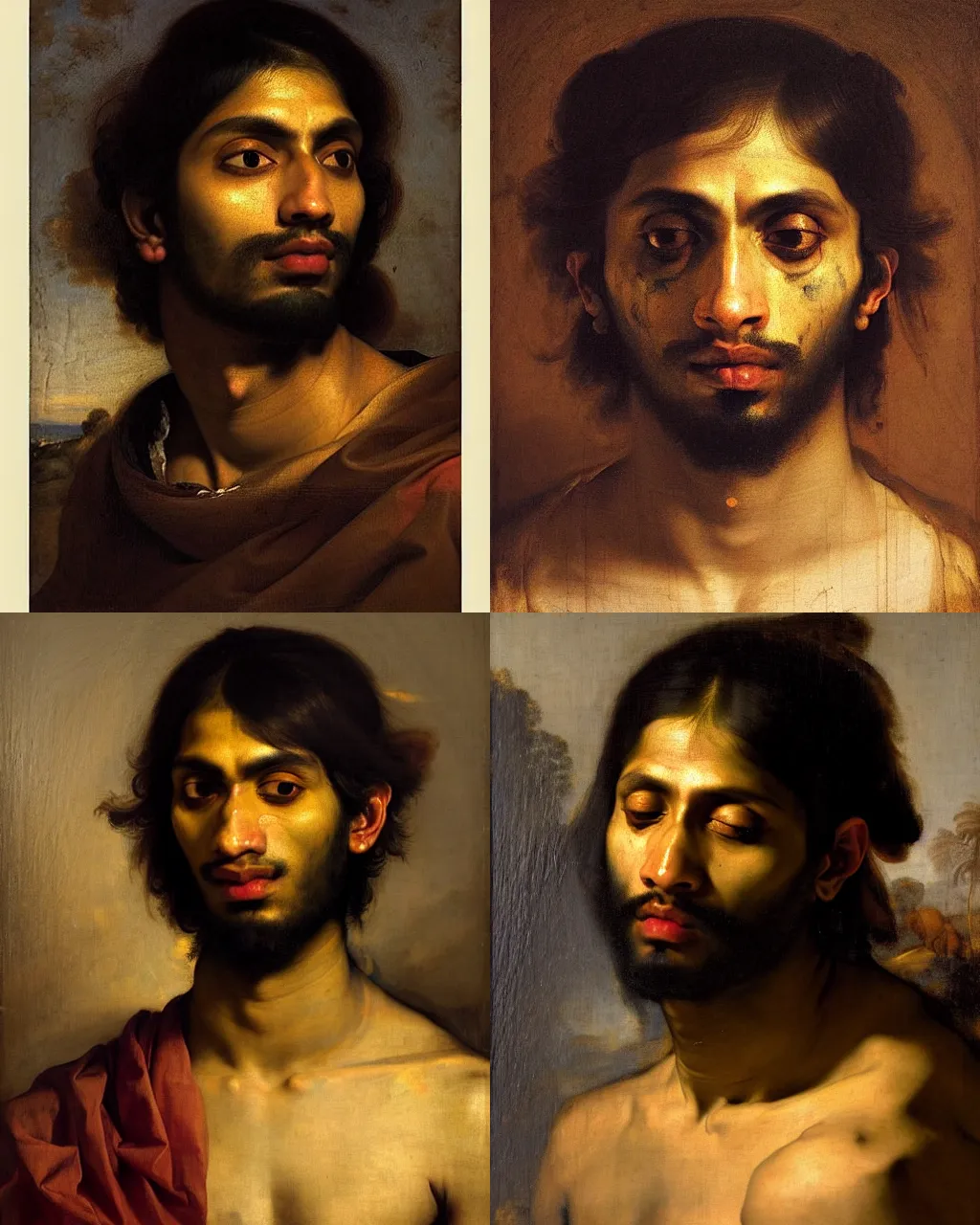 Prompt: a beautiful dramatic portrait of a 2 5 years old spaced out tripping indian stoner boy, head only, by raphael, by greg rutkowski, by anthony van dyck, by theodore gericault, oil on canvas, flemish baroque art color palette, trending on vsco, trending on artstation, masterpiece, cold lighting, detailed, 8 k