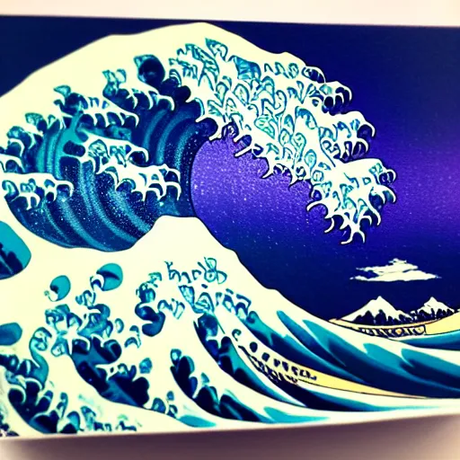 Prompt: Hokusai wave, but a paint pour in synthwave colors