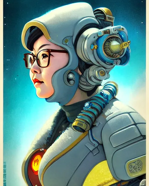 Image similar to mei from overwatch, character portrait, ice, portrait, close up, concept art, intricate details, highly detailed, vintage sci - fi poster, retro future, in the style of chris foss, rodger dean, moebius, michael whelan, and gustave dore