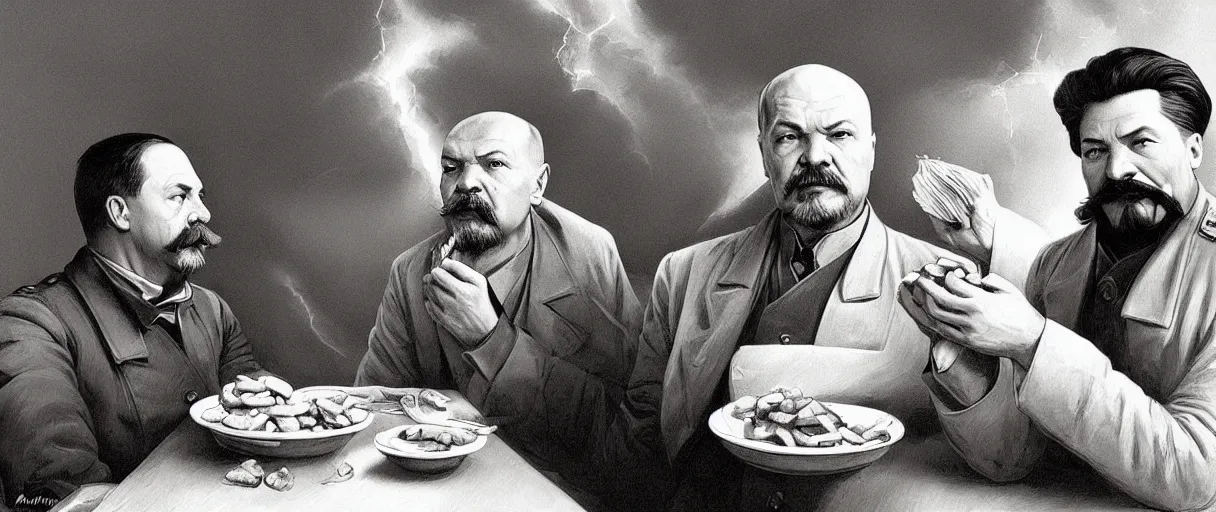 Image similar to portrait of lenin and stalin eating hamburgers, extra onions and ketchup, luscious patty with sesame seeds, ethereal, holy sacred light rays, handsome, D&D, fantasy, intricate, elegant, highly detailed, digital painting, artstation, concept art, matte, sharp focus, illustration, art by Artgerm and Greg Rutkowski and Alphonse Mucha