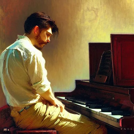 Prompt: attractive man, playing piano, painting by gaston bussiere, craig mullins, greg rutkowski, alphonse mucha