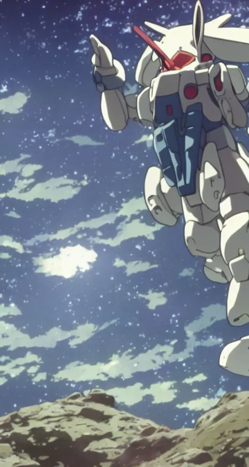 Image similar to a bunny rabbit in the science fiction anime series gundam by makoto shinkai, flying through space