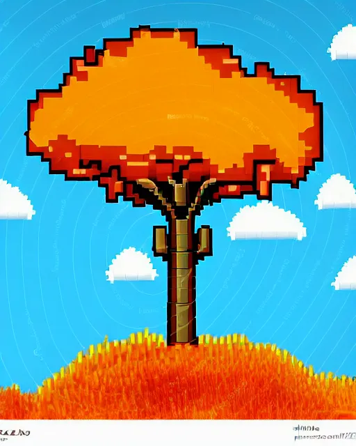 Image similar to 8 bit indie arcade game scene, blue sky with clouds, 2 8 different autumn trees with colored leaves, leaf fall.. details of the game trees, earth, clouds, sky background