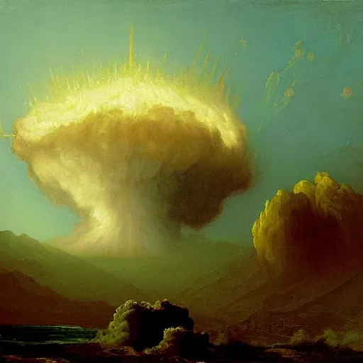 Prompt: An atom bomb explosion in Mumbai, by Thomas Cole, by Carl Gustav Carus, oil on canvas, masterpiece, trending on ArtStation