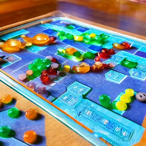 Prompt: a boardgame made of sea-through glass candies