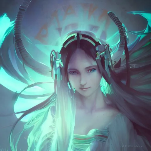 Image similar to a photorealistic dramatic fantasy render of hatsune miku by wlop, artgerm, greg rutkowski, alphonse mucha, beautiful dynamic dramatic dark moody lighting, shadows, cinematic atmosphere, artstation, concept design art, octane render, 8 k