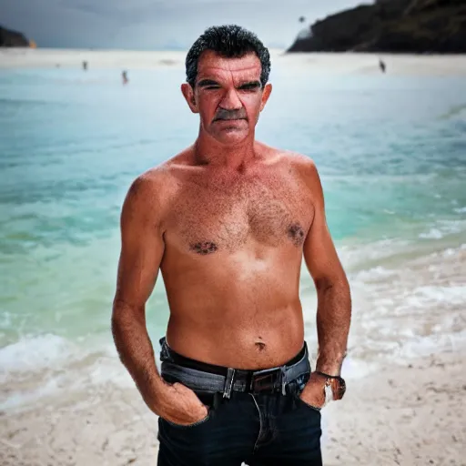 Image similar to a portrait of a antonio banderas in a beach, sigma 8 5 mm f / 1. 4