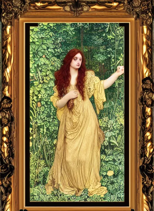 Image similar to masterpiece beautiful seductive flowing curves pose preraphaelite portrait photography, straight bangs, thick set, yellow ochre ornate medieval dress, mushroom forest arch, amongst foliage, william morris and kilian eng and mucha, framed, 4 k