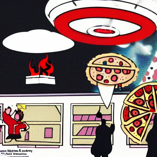 Prompt: a UFO abducts a pizza on top of a factory