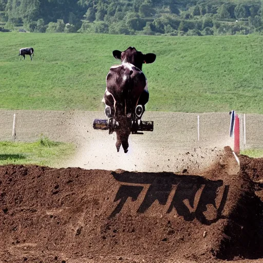 Image similar to a cow on a motocross jump