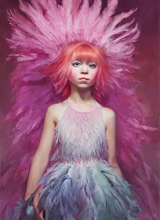 Image similar to beautiful little girl with an pink eccentric haircut wearing an dress made of feathers dancing on stage, artwork made by ilya kuvshinov, inspired in donato giancola, hd, ultra realistic, reflection, stage