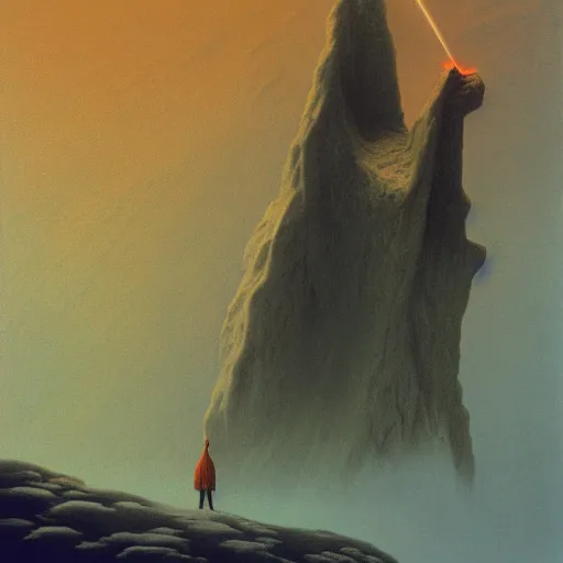 Prompt: The wizard merlin stands with staff on a mountain firing an epic ice beam into a dragon, by Zdzisław Beksiński, trending on artstation, 8k, landscape photo-reality, landscape photo-imagery