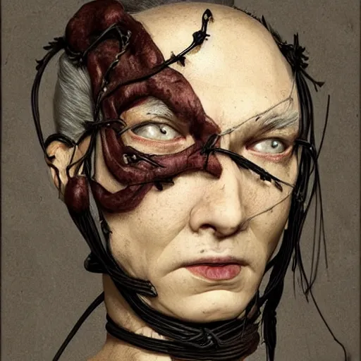 Image similar to portrait of a Shibari S&M barbed wire wrapped face and neck, headshot, insanely nice professional hair style, dramatic hair color, digital painting, of a old 17th century, old cyborg merchant, amber jewels, baroque, ornate clothing, scifi, realistic, hyperdetailed, chiaroscuro, concept art, art by Franz Hals and Jon Foster and Ayami Kojima and Amano and Karol Bak,