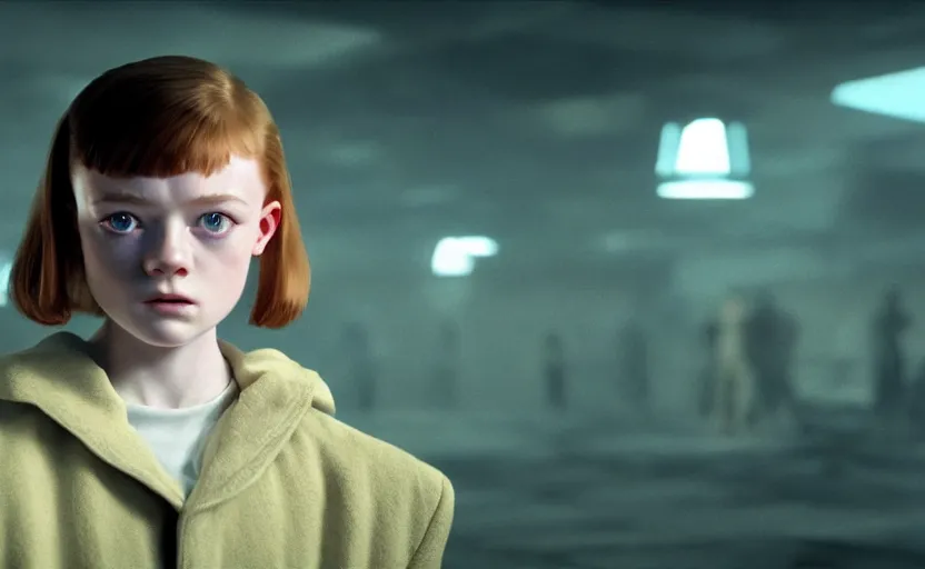 Image similar to sadie sink with buzz cut hair in oversized man's coat : a still from a scifi soviet cyberpunk film from 1 9 8 0 s. by steven spielberg and james cameron. 6 5 mm low grain film stock. sharp focus, realistic facial expression, perfect anatomy, global illumination, radiant light, detailed and intricate environment, trending on artstation