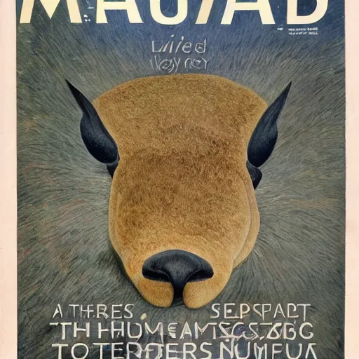 Prompt: a magazine cover for the showing of a large hybrid animal creature in a museum