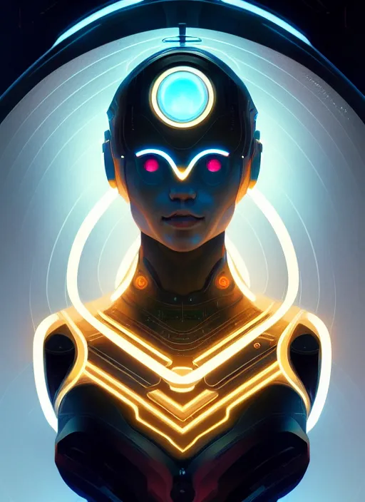 Image similar to symmetry!! portrait of robot, sci - fi, tech wear, glowing lights!! intricate, elegant, highly detailed, digital painting, artstation, concept art, smooth, sharp focus, illustration, art by artgerm and greg rutkowski and alphonse mucha