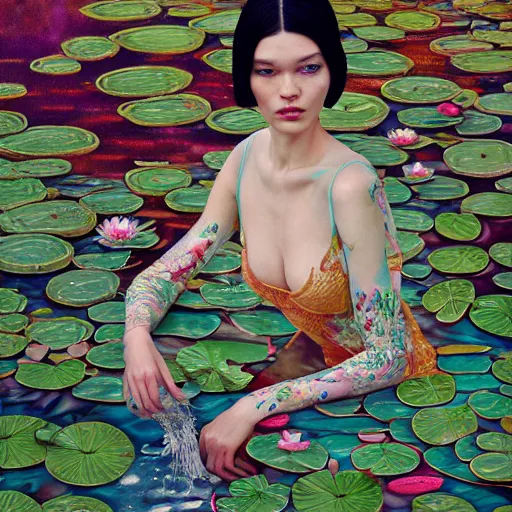 Image similar to pretty model with water lilies : : by martine johanna and simon stalenhag and chie yoshii and casey weldon and wlop : : ornate, dynamic, particulate, rich colors, intricate, elegant, highly detailed, vogue, harper's bazaar art, fashion magazine, smooth, sharp focus, 8 k, octane render