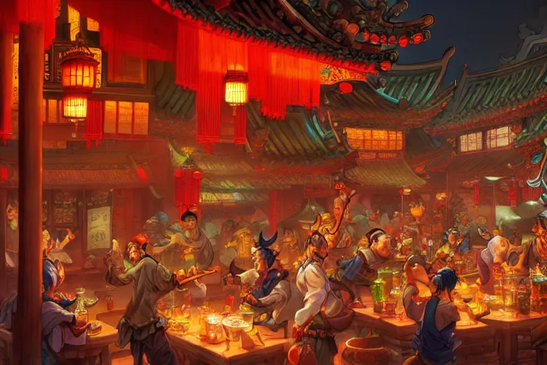 Prompt: fantasy art of a bustling tavern in china, at night, by jesper ejsing, highly detailed digital art, trending on artstation