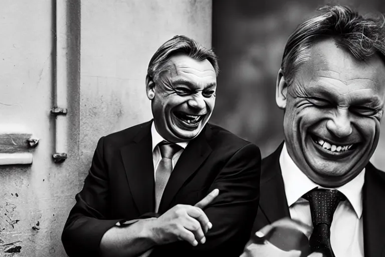 Image similar to viktor orban laughing hard by peter lindbergh