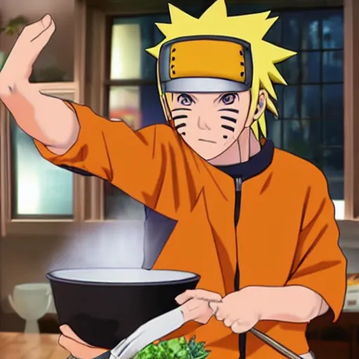 Prompt: photorealistic photograph of Naruto on a cooking show, realism, 4k, award-winning