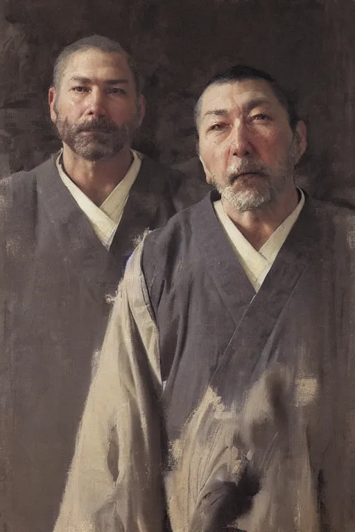 Image similar to Richard Schmid and Jeremy Lipking and Antonio Rotta full length portrait painting of a japanese samurai