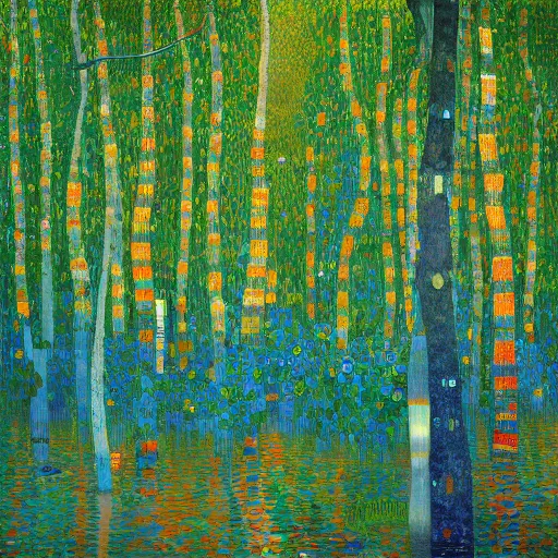 Prompt: A beautiful painting of an abstract mangrove forest by Gustav Klimt and Thomas Kinkade and Maciej Rebisz