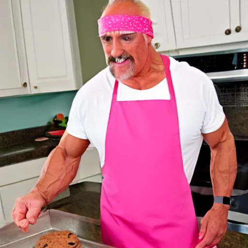 Image similar to Hulk Hogan baking cookies with a pink apron