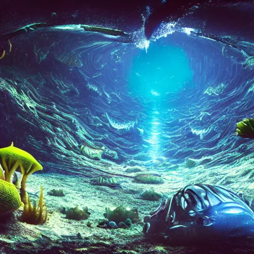 Image similar to vanishing perspective underwater view of the alien landscape underwater on the ocean bed, deep blue ocean color, some plant life, alien fish swimming on the background, cinematic perspective, cinematic lighting, matte painting, detailed, sci - fi, hdr, 4 k, artstation