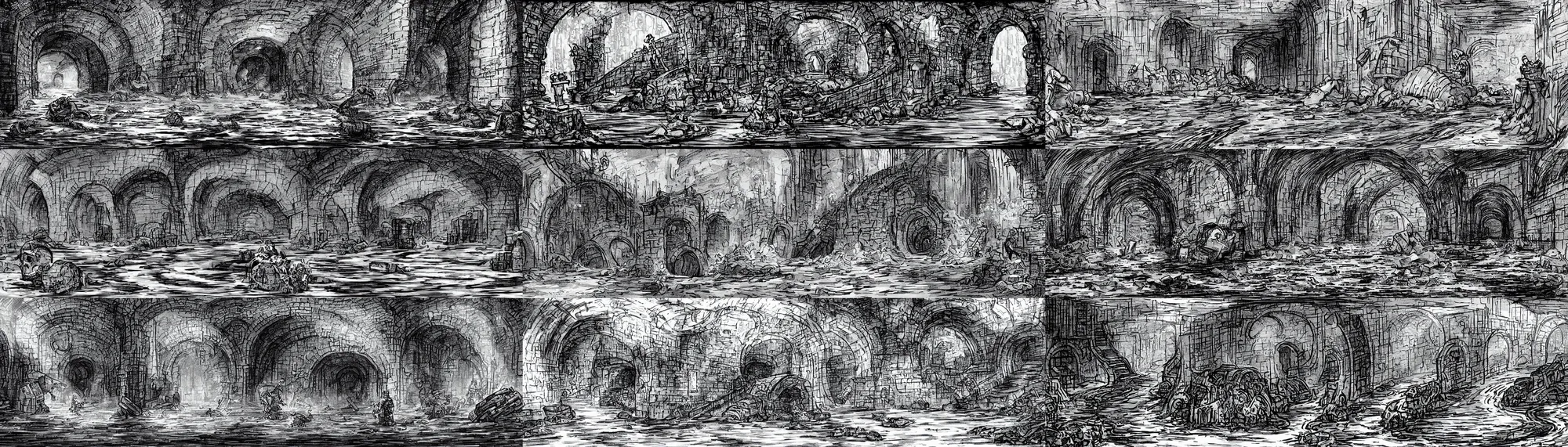 Prompt: a long sewer tunnel with two exits. a waist - deep stream with brackish water flows through them. fantasy art, underground, crumbling masonry, darkness, sewage falling from grates, abandoned spaces, torchlight. sketch, darkest dungeon.